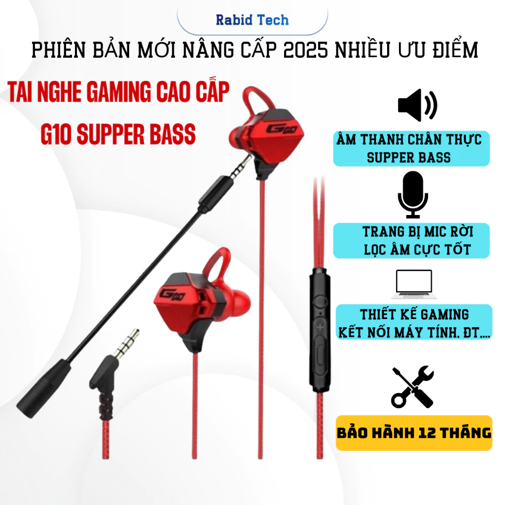 Tai nghe có dây chống ồn cao cấp RabidTech G10 gaming có mic rời tiện lợi dùng cho pc, laptop, điện thoại