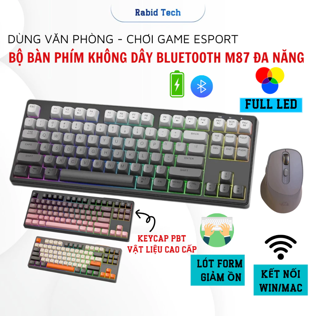 Bộ Bàn Phím Bluetooth Không Dây Rabid Tech M87 -Chống ồn - Led RGB Kết Nối Đa Năng Cho Dân Văn Phòng