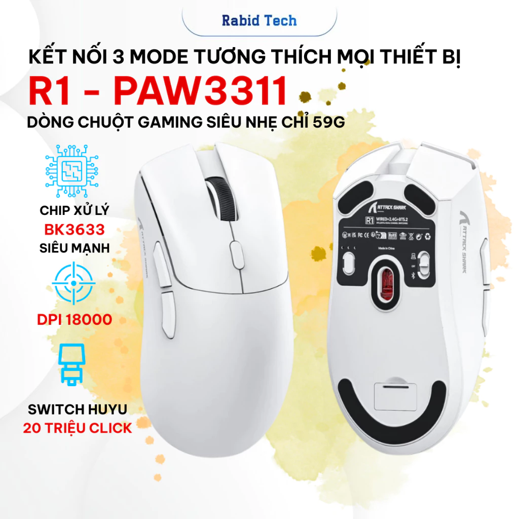 Chuột Gaming Không Dây Rabid Attack Shark R1 Siêu Nhẹ Chip Paw3311 Cực Mạnh 3 Chế Độ Kết Nối Bluetooth / 2.4G / Type-C
