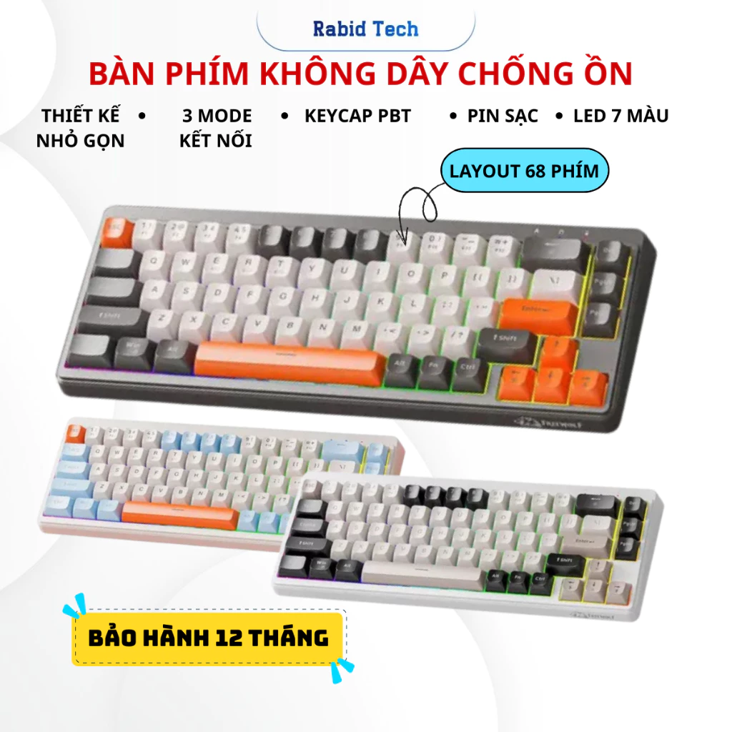 Bàn Phím Không Dây- Bộ Bàn Phím Bluetooth Rabid M68, 3 Mode Kết Nối, Chống Ồn, Led RGB-BH 12T
