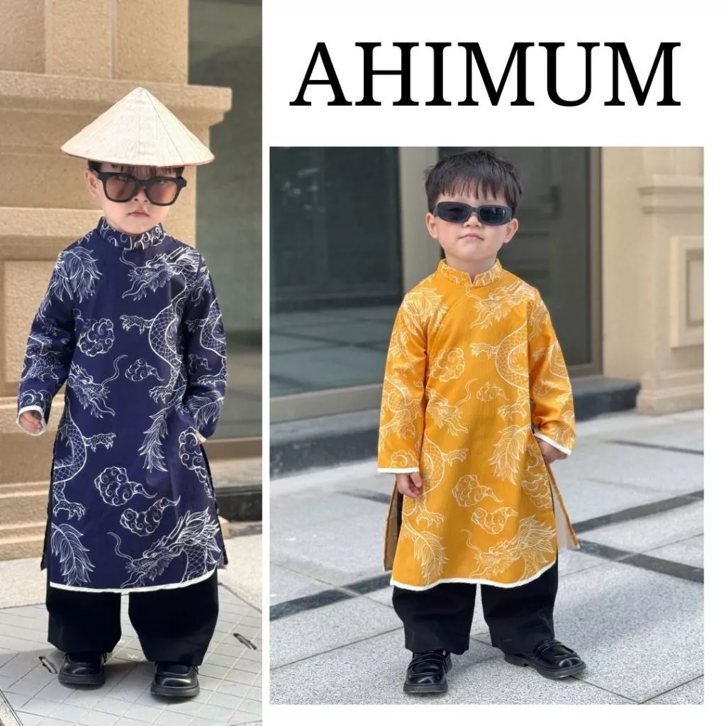 Áo dài Cát Long Ahimum Kids - Áo Dài Tết Cao Cấp Cho Bé Trai - Áo Dài Gấm Chéo Nhăn Tết 2026 LẺ ÁO