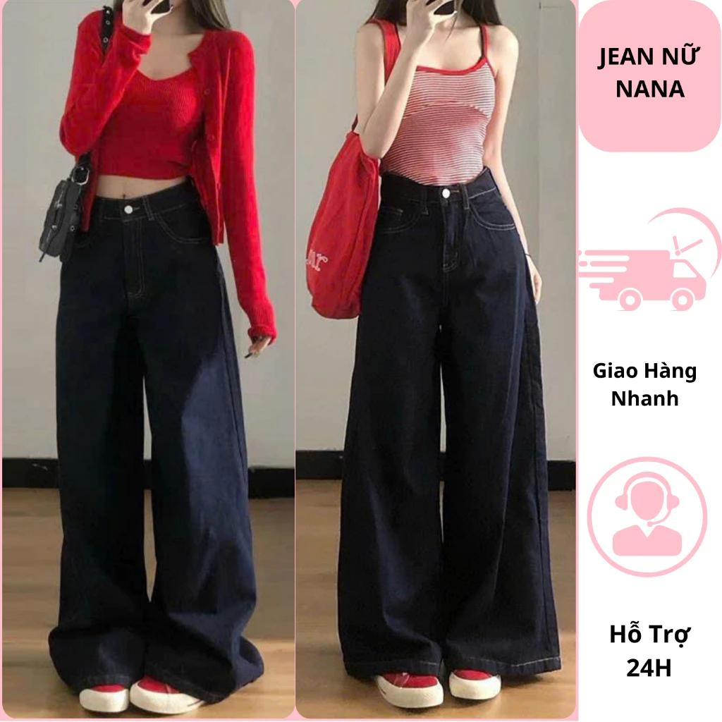 Quần Jeans Nữ ỐNG Suông Màu Xanh Than Cạp Cao Siêu Hack Dáng Quần Bò Nữ ỐNG (28-30cm) Phong Cách Cá Tính