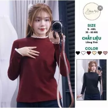[Hàng mới về] Áo giữ nhiệt nữ lông thỏ phối ren cổ 3cm phong cách tiểu thư vải co giãn giữ ấm mùa đông andyshop