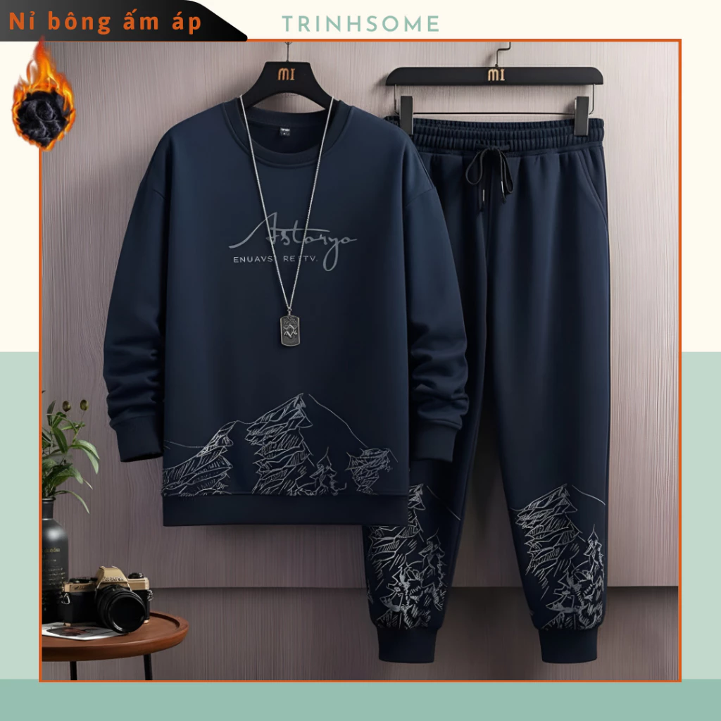 Bộ quần áo nỉ thu đông lót bông ấm áp, họa tiết núi, đủ size S-2XL thể thao năng động