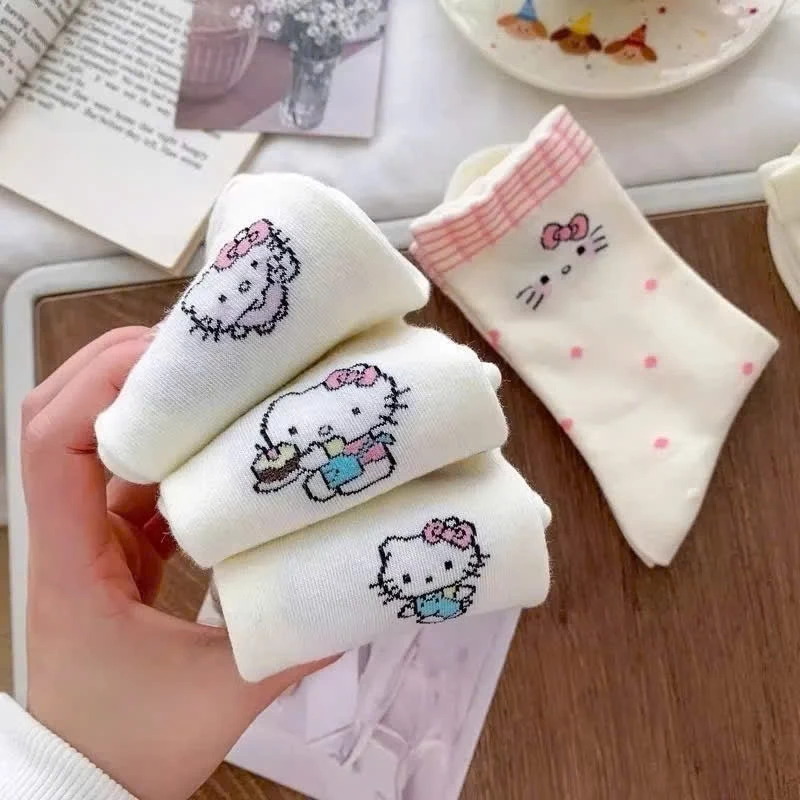 Set 10 Đôi Tất/ Vớ Hoạ Tiết Mèo Hello Kitty Hồng Cổ Cao Phong Cách Hàn Co Giãn Dễ Thương