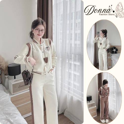 Set đồ nữ, đồ bộ nữ DONNA HCOM3682 áo khoác bomber mix quần suông phối 2 màu dáng thể thao