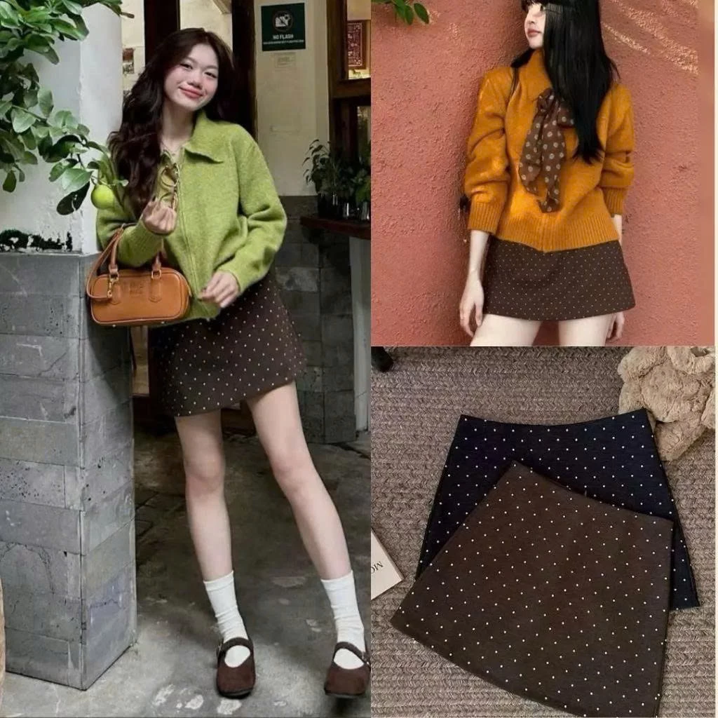 Chân Váy Chấm Bi Form A dáng Ngắn chất dạ ép style Ulzzang có lót quần bảo hộ