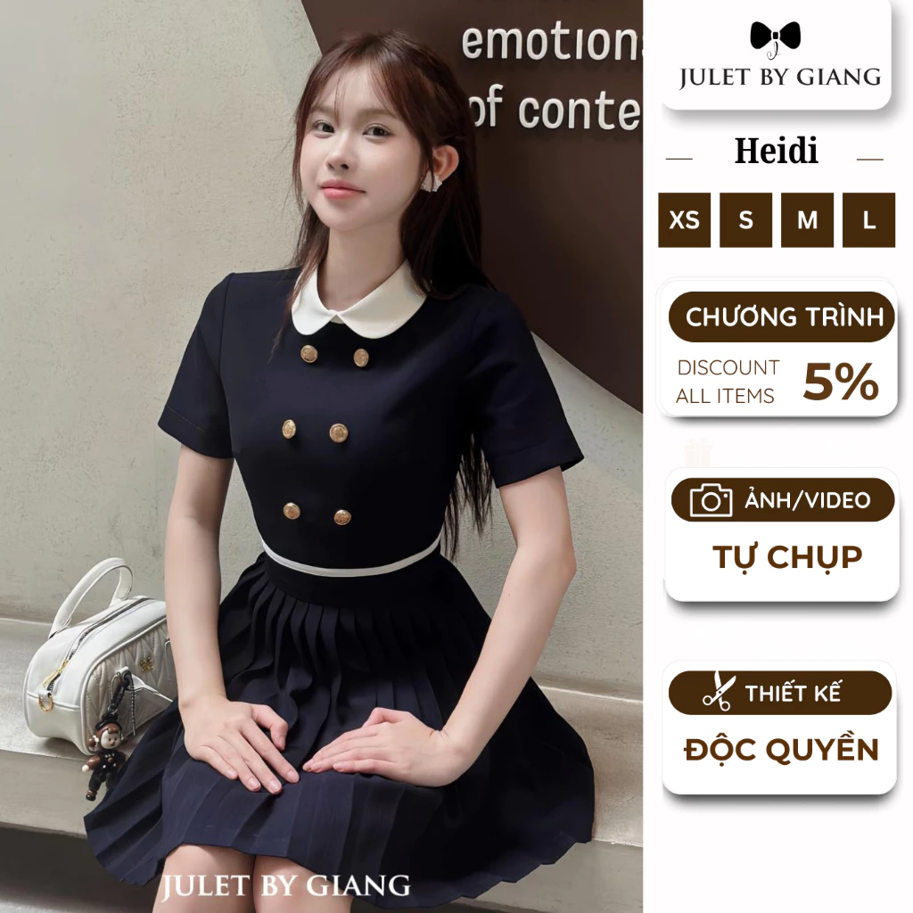 [JULETBYGIANG] Váy Liền Thân Xếp Ly Heidi Dress phối cổ sen trắng cúc đồng thanh lịch Juletbygiang Hàng Thiết Kế Cao Cấ