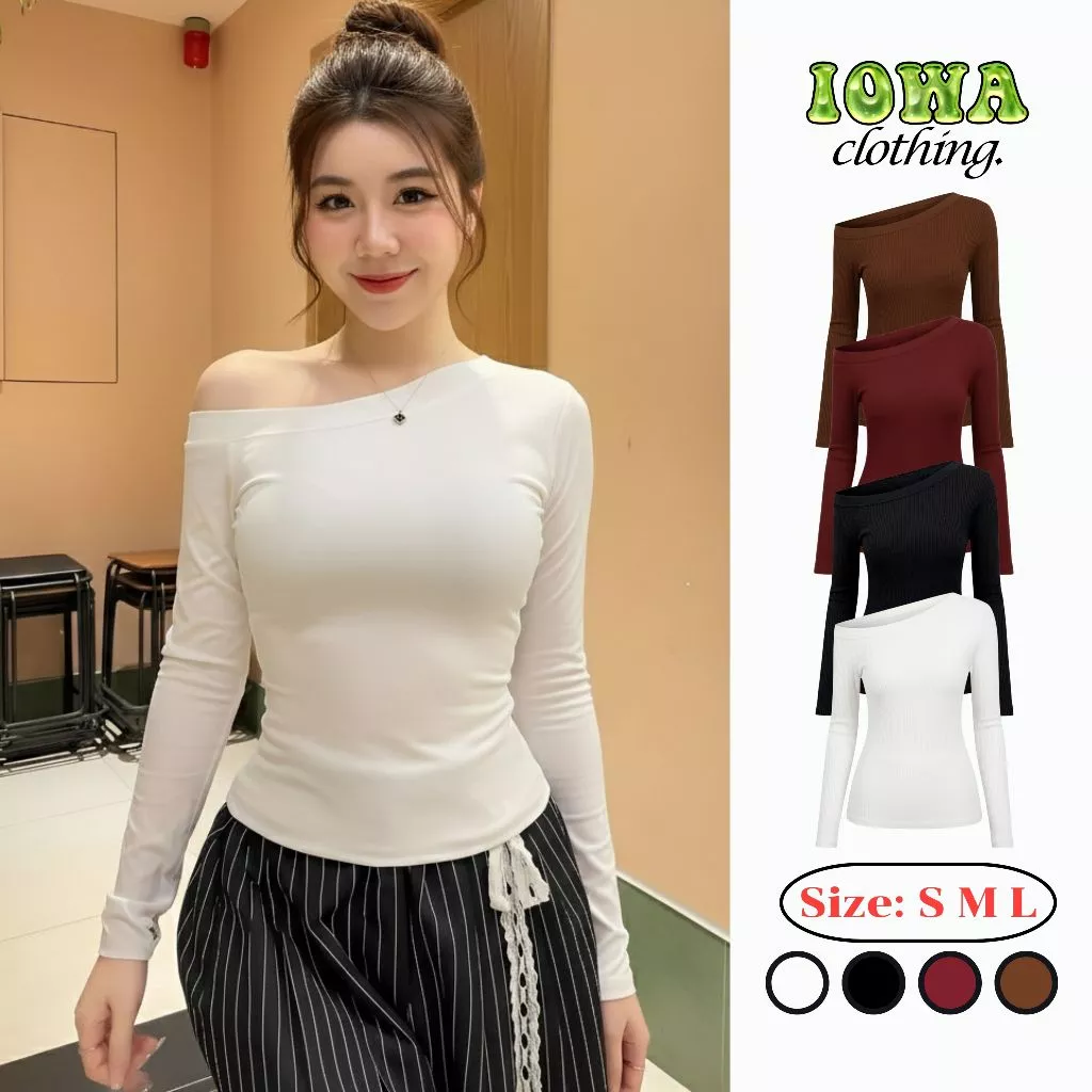 (XẢ HÀNG) Áo Thun TAY DÀI LỆCH VAI Xỏ Ngón Form Ôm Body Thun Gân BM116, Áo Thun Nữ Trễ Vai Kiểu Trơn Noel Tết IOWA