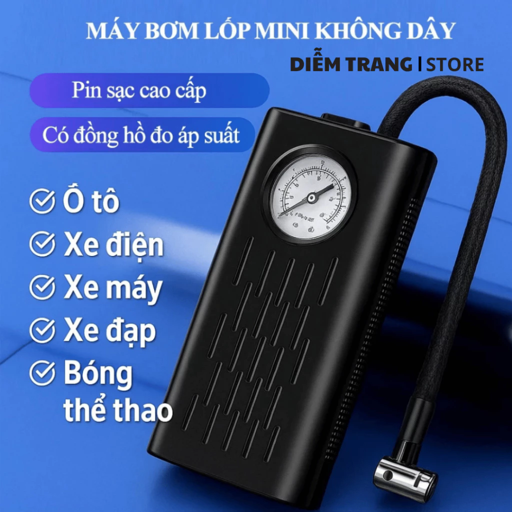 Máy Bơm Lốp Xe Ô Tô Xe Máy Xe Đạp Không Dây Có Đồng Hồ Hiển Thị Áp Suất, Sạc Điện Nhỏ Gọn Mang Theo