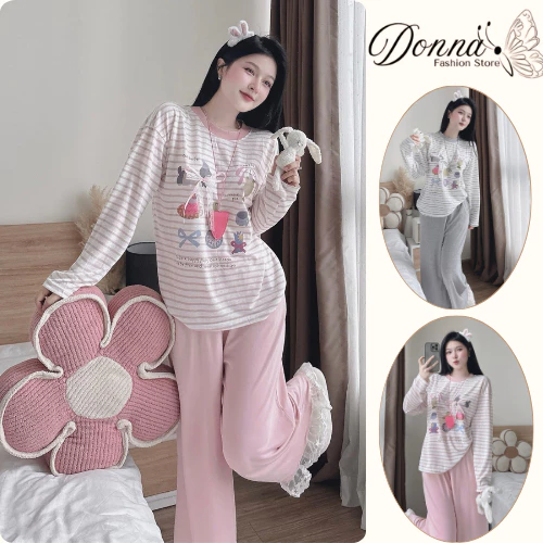 Set đồ nữ, đồ bộ nữ DONNA HCOM26659 thu đông áo thun kẻ ngang mix quần suông viền ren siêu xinh