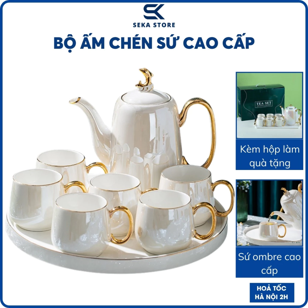 [ Ảnh Thật ] Bộ Ấm Chén Kèm Khay 6 Cốc Sang Trọng, Bộ Tách Trà Bằng Sứ Cao Cấp Tặng Kèm Khay Nhựa
