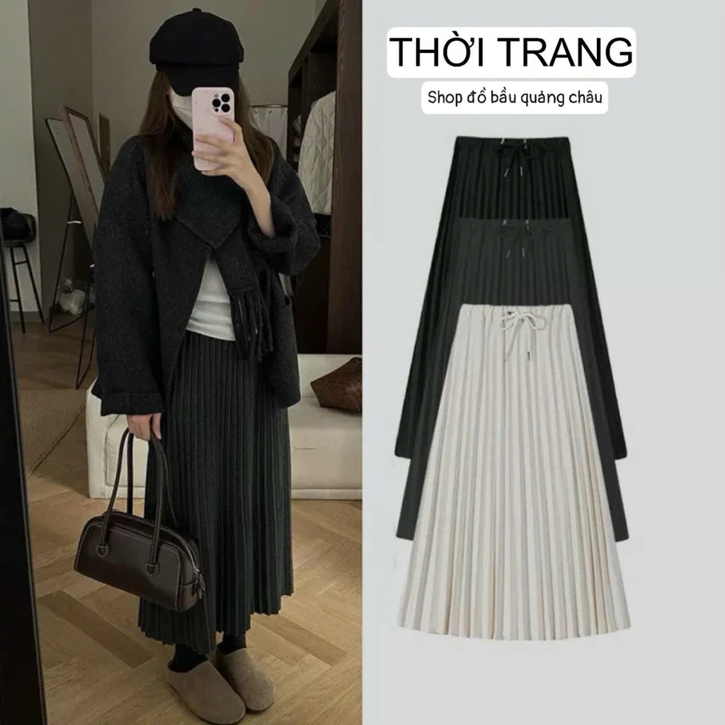 Chân váy bầu, chân váy nỉ xếp ly dáng dài cao cấp (dài 85-88)