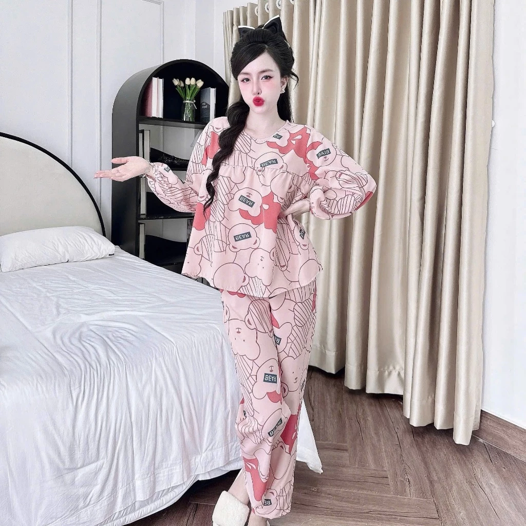 Đồ Bộ Babydoll- Đồ Bộ Lụa Hàn Nữ Mặc Nhà Áo Cổ Tròn Tay Dài- Quần Dài Chất Liệu Mềm Mát- Hoạ Tiết Dễ Thương