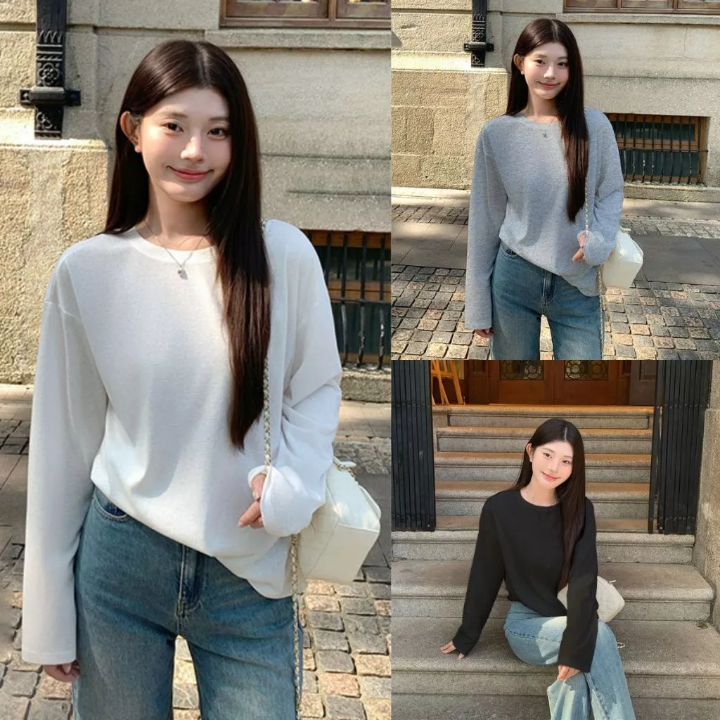 Áo Thun Nữ Dài Tay  MIAA Dáng Suông Rộng Trơn màu đen trắng oversize chất vải cotton không bai xù