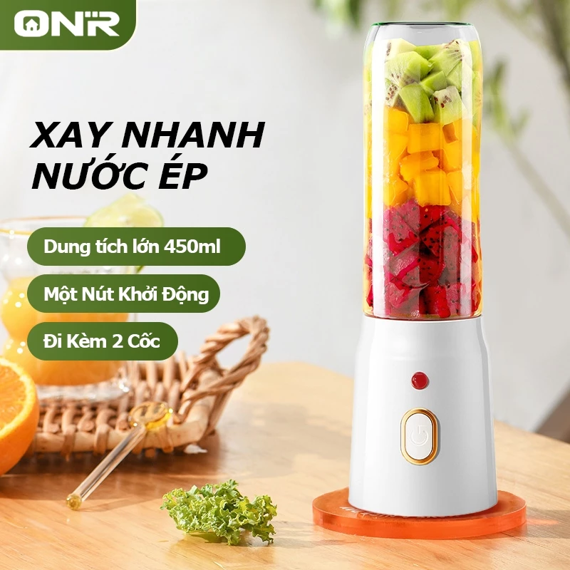 Máy Xay Sinh, ONR, Máy Xay Hoa Quả Di Động, 450ml, Máy Xay Ngũ Cốc, 10 Lưỡi Dao + 2 Cốc