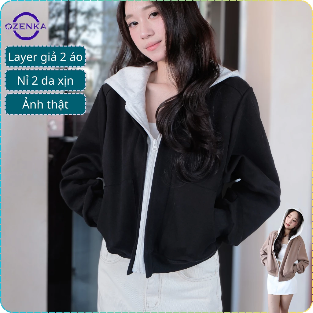 Áo Khoác Hoodie Zip Nỉ Croptop Ozenka Phối Layer - Áo Nỉ 2 Da Dày Dặn Mùa Đông Phong Cách Hàn Quốc mặc đi học đi chơi