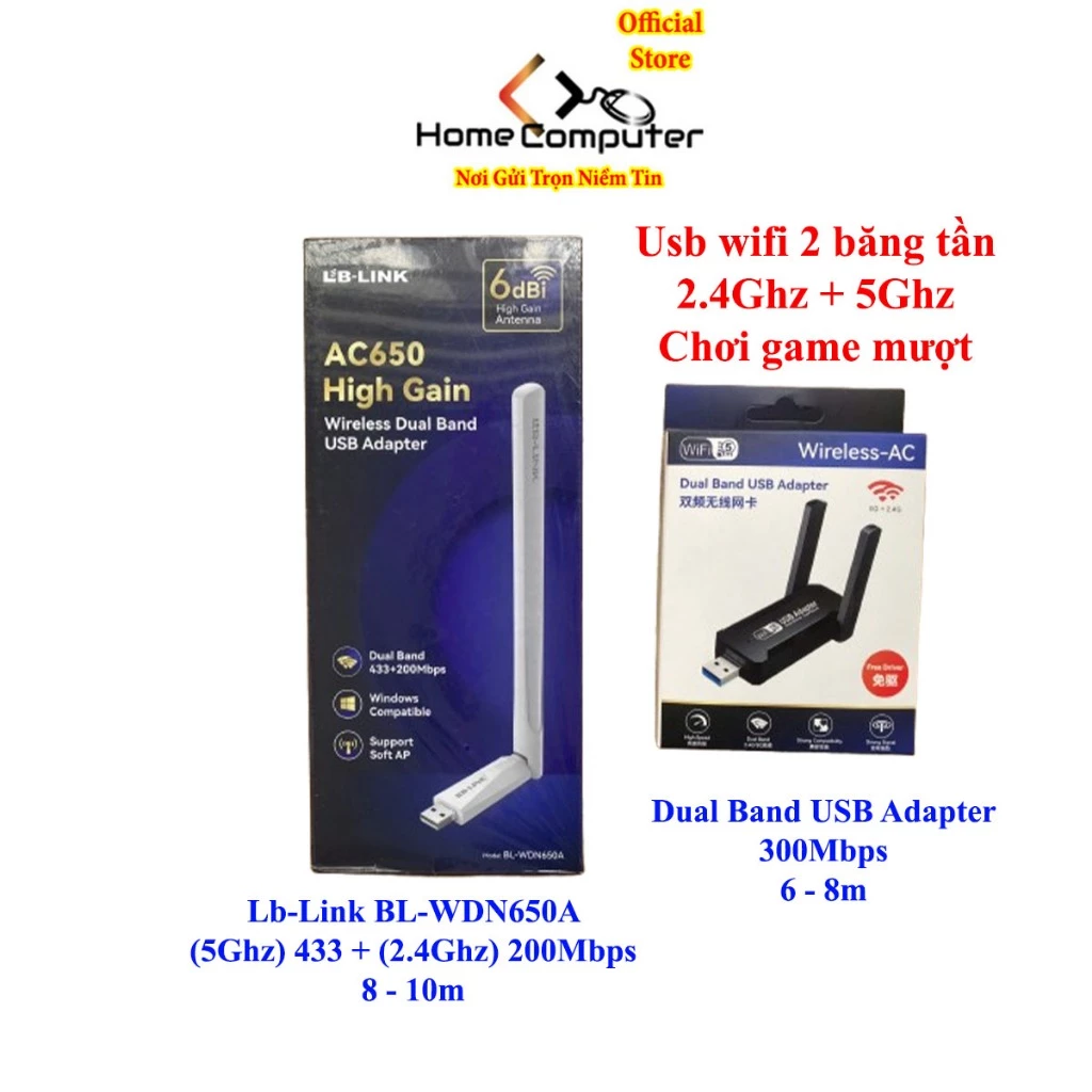 Usb Wifi 5Ghz & 2.4Ghz băng tần kép, Usb thu wifi chơi game tốc độ cao upto 650Mbps bắt sóng wifi 6-10m