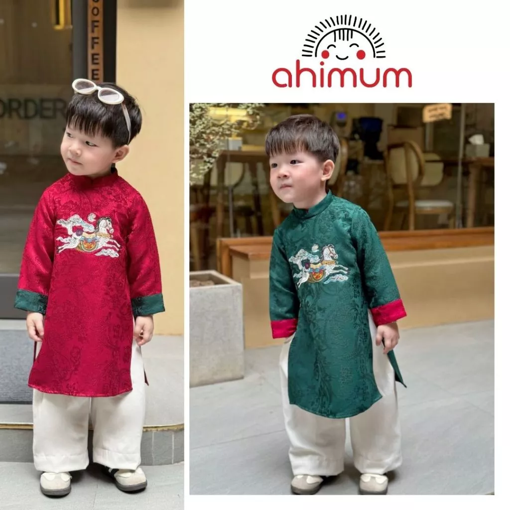 Áo dài bé trai Tết Lục Bích gấm cao cấp thêu nổi cho bé trai trẻ em 1–10 tuổi mẫu mới LẺ ÁO