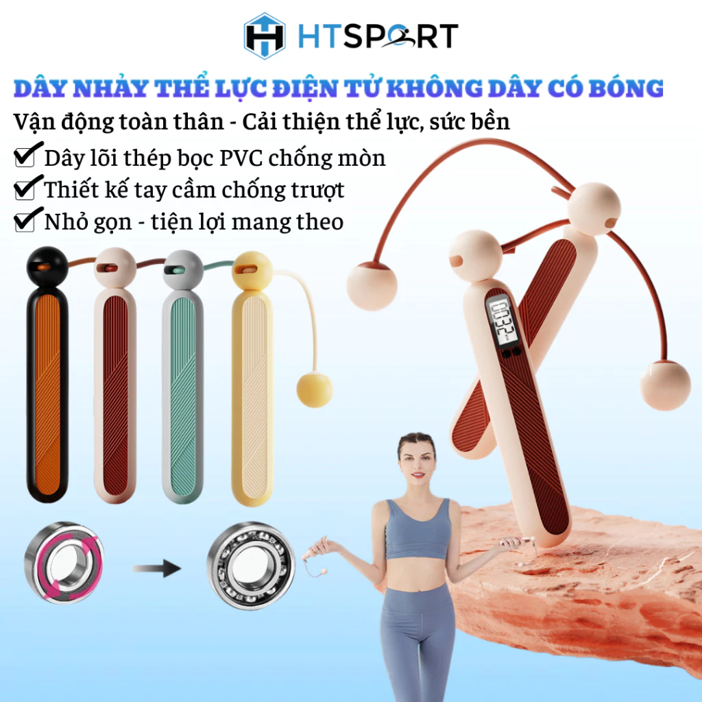 Dây Nhảy Không Dây Có Bóng, Dây Nhảy Thể Lực Điện Tử Có Đếm Số Vòng Tập Thể Dục Thể Thao Giảm Cân Cao Cấp 2,8m Kèm Tạ