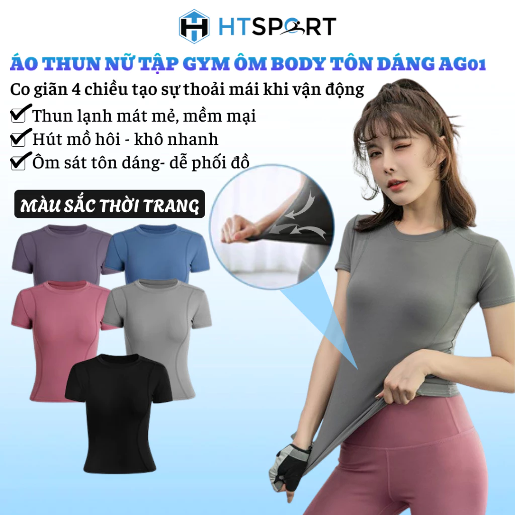 Áo Tập Gym, Yoga, Aerobic Nữ, Áo Thun Thể Thao AG01 Co Giãn 4 Chiều, Ôm Body Tôn Dáng, Thấm Hút Mồ Hôi Tốt