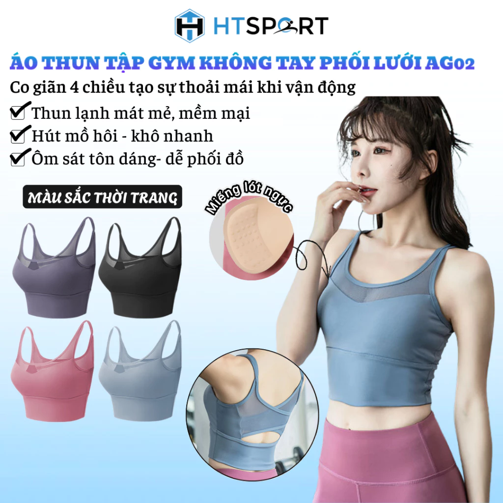 Áo Thun Tập Gym Nữ Không Tay Phối Lưới, Áo Thể Thao AG02 Ôm Body Co Giãn 4 Chiều Có Lót Ngực Tập Yoga, Aerobic