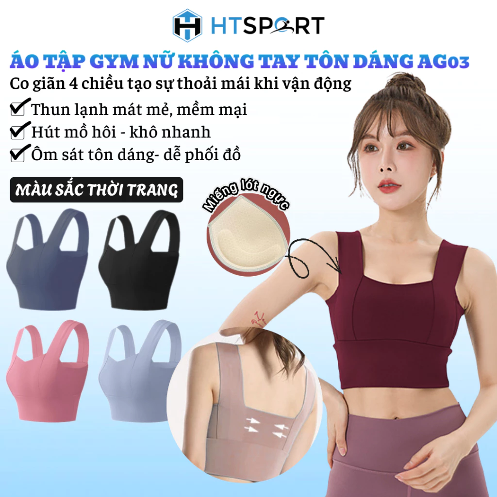Áo Tập Gym Nữ Không Tay, Áo Thun Thể Thao AG03 Co Giãn 4 Chiều Ôm Body Có Đệm Ngực Tập Yoga, Aerobic