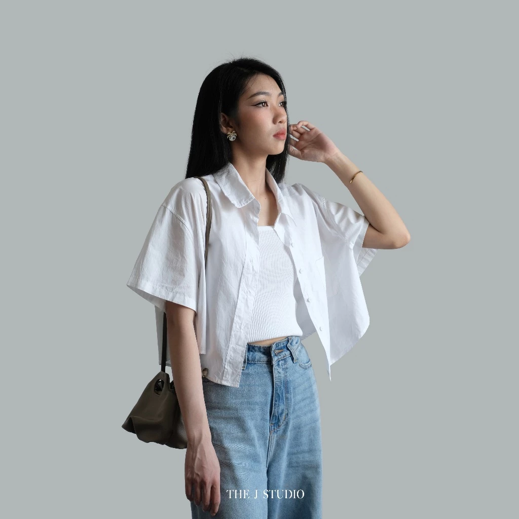 Áo Croptop Nữ Ngắn Tay, Sơ Mi Nữ Công Sở, Áo Sơ Mi Form Rộng Khoác Ngoài - The J Studio