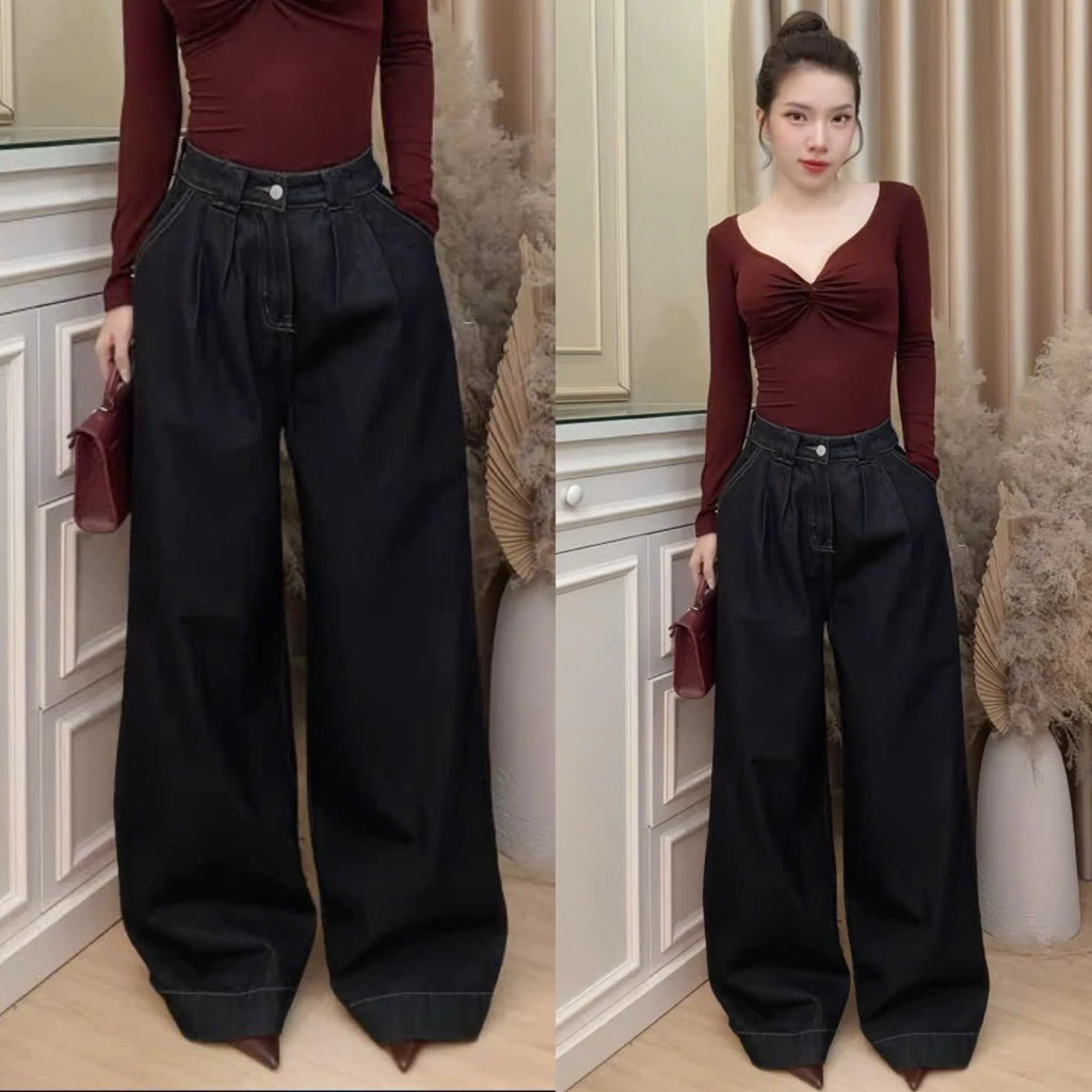 YURI JEANS - (Mã20) Quần Jeans Nữ Xếp Ly Ống Rộng Màu Đen Xám Phối Nắp Túi