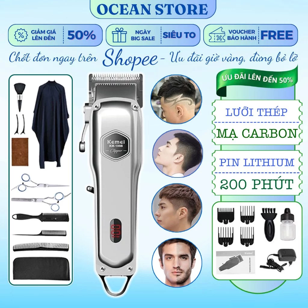 Tăng Đơ Cắt Tóc Nam Kemei 1998 Cao Cấp, Tông Đơ Hớt Tóc Chống Nóng Pin Khỏe, Máy Cắt Tóc Cao Cấp