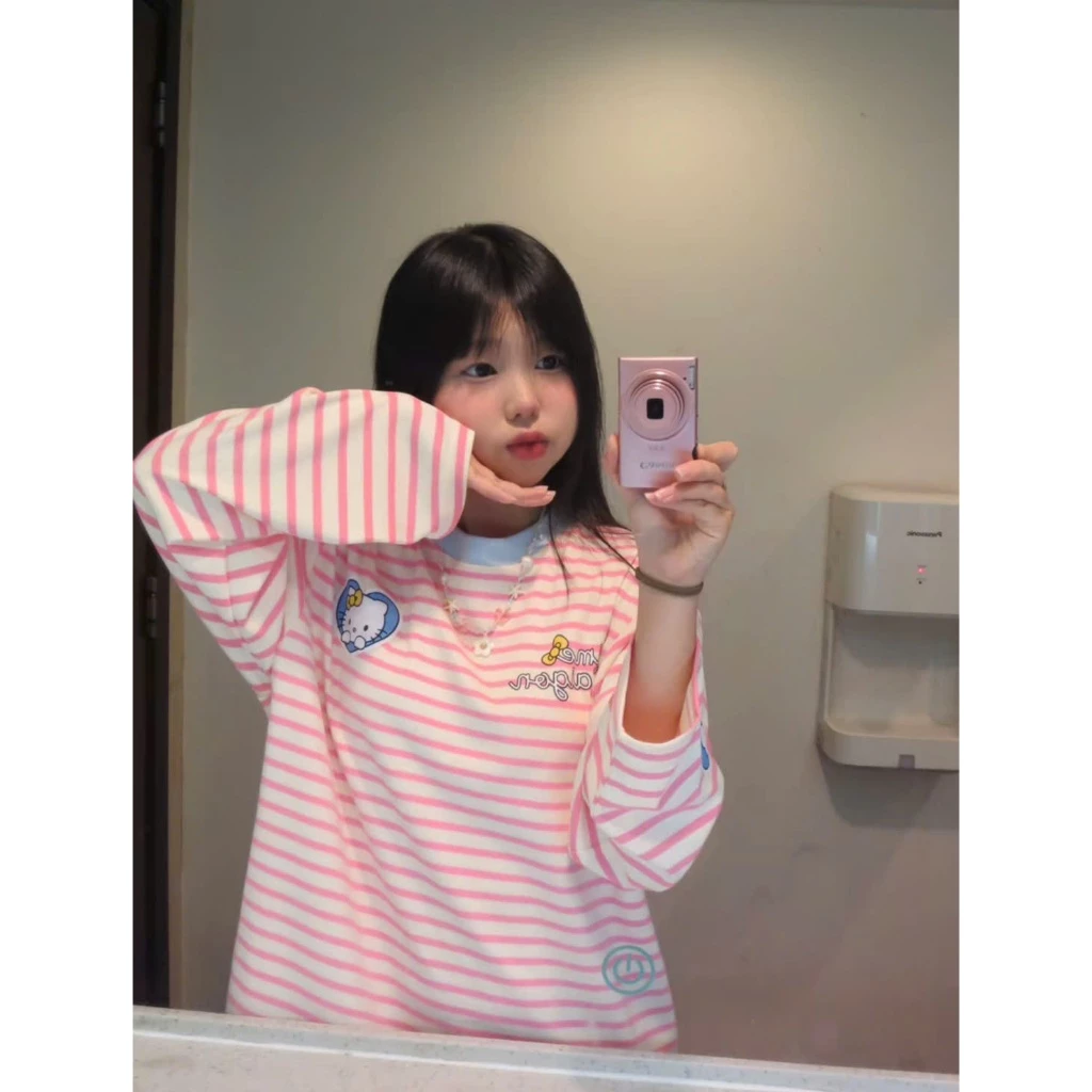 Áo thun boxy tay dài vải thun rib,áo phông kẻ sọc ngang Long Sleeve họa tiết kitty heart form rộng kẻ tròn cá tính