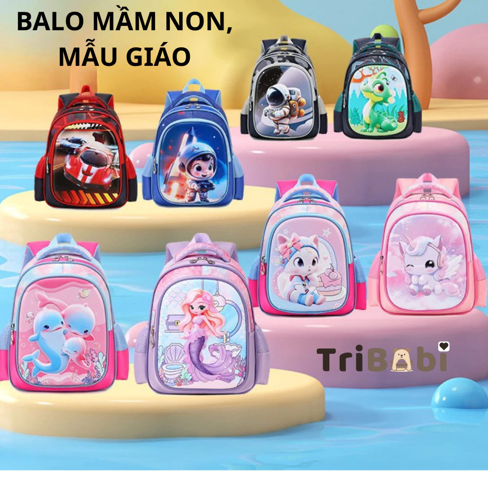 Balo hoạt hình cao cấp siêu bền đẹp chống nước cho bé trai gái mầm non mẫu giáo từ 1 đến 5 tuổi
