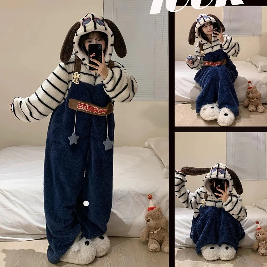 Bộ Ngủ Lông Hình Chó Mặc Yếm Xanh Dễ Thương Unisex – Bộ Ngủ Pyjama Nam Nữ Mặc Mùa Đông Giữ Ấm Siêu Mềm Mại Ấm Áp