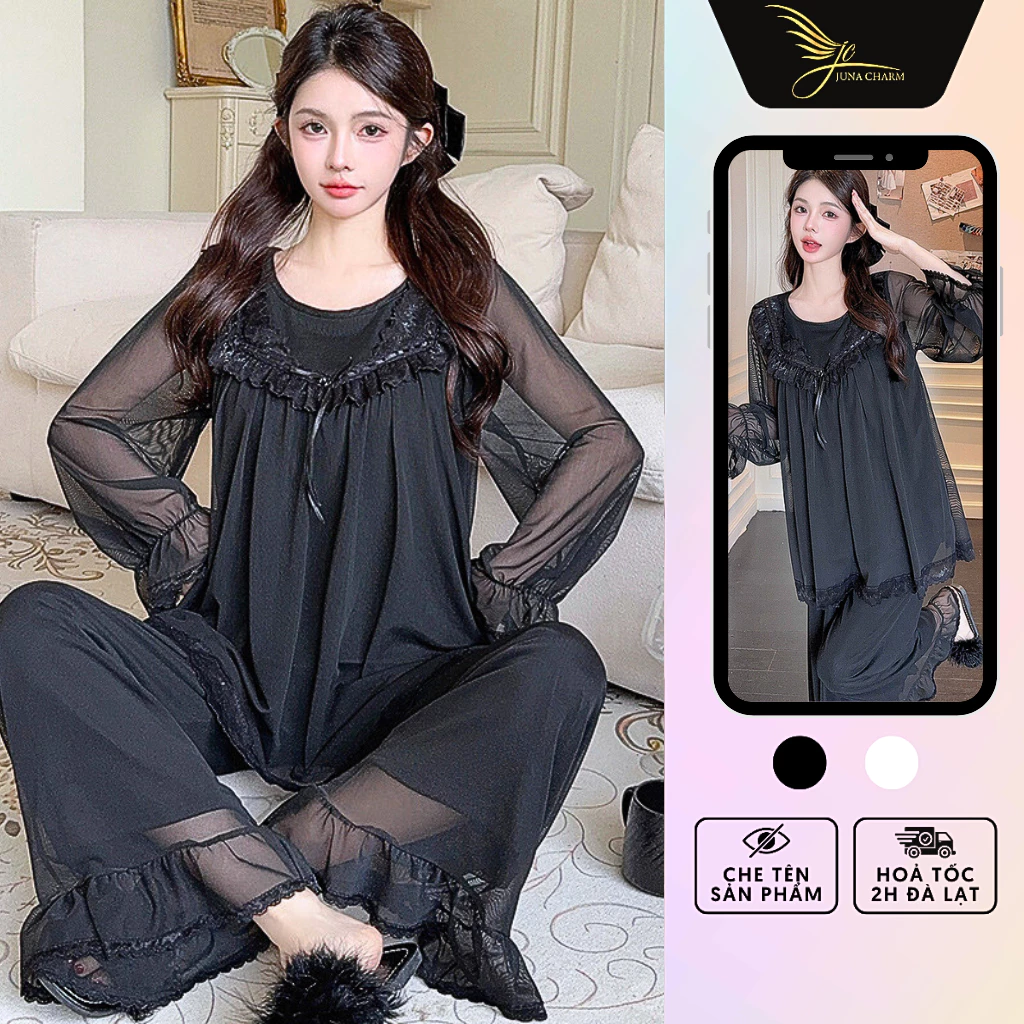 Bộ Mặc Nhà, Đồ Bộ Dài Bánh Bèo Tiểu Thư JUNA Freesize Thời Trang Đồ Ngủ Dành Cho Nữ, Chất Voan Phối Ren, Màu Đen/SP6717