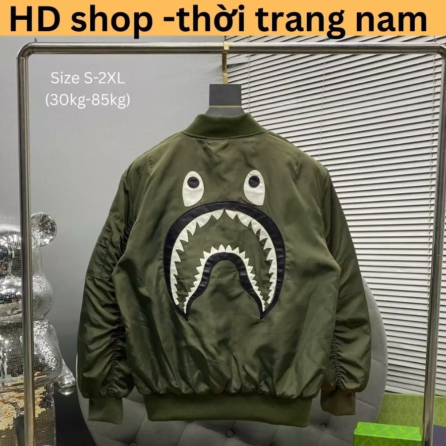 Áo khoác bomber gió 3 lớp trần bông nam nữ thêu da hình miệng cá mập buồn sau lưng tay rút trần bông boy phố Menswear