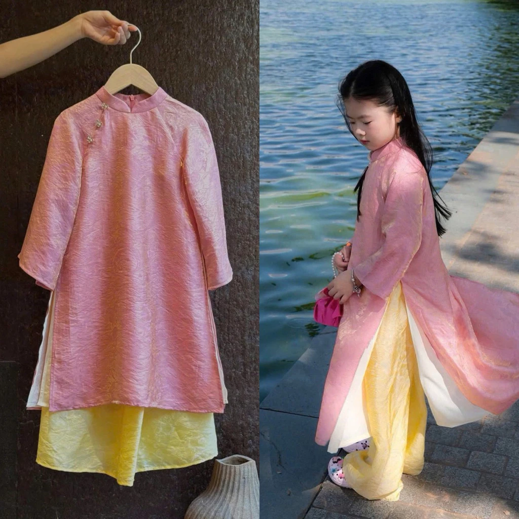 Áo dài gấm ánh vàng cao cấp cho bé gái sz 8-40kg, set 2 món áo dài 4 tà cho bé gái mặc dịp lễ tết