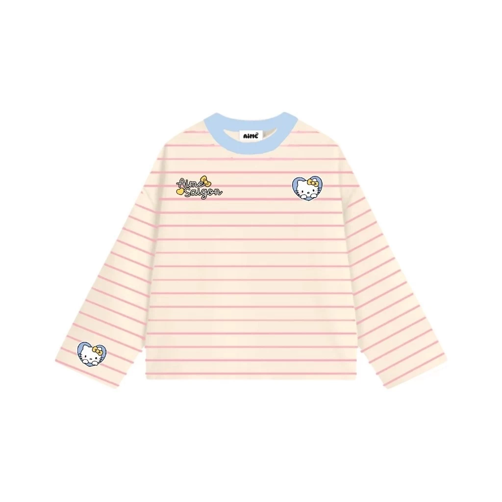 Áo thun thu đông nữ dài tay kẻ ngang ,áo phông form oversize họa tiết kitty heart nhiều màu chất cotton nam nữ mặc được