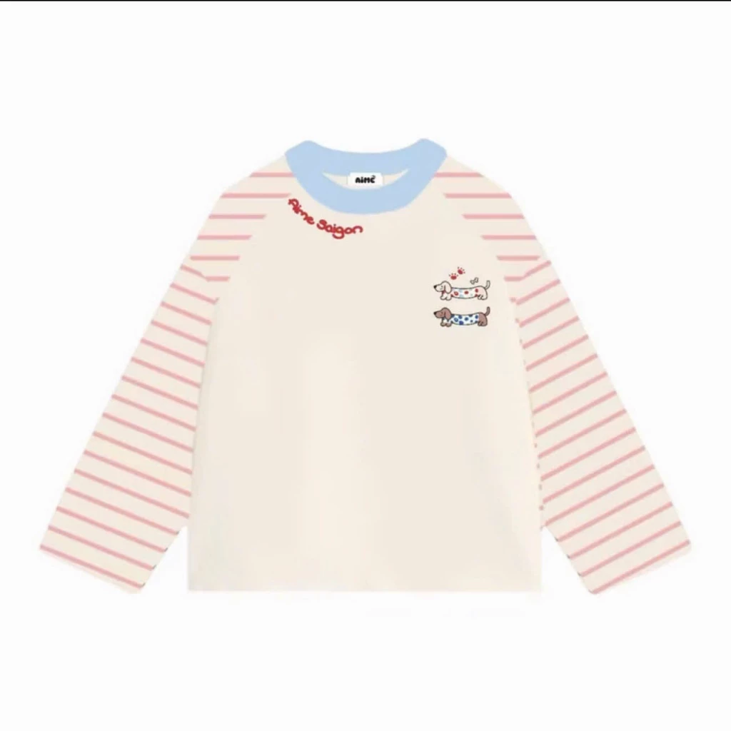Áo thun dài tay phối viền sọc tay áo ,áo phông cổ tròn form rộng màu pastel hình cún chữ nam nữ mặc được cá tính