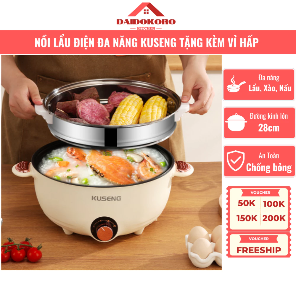 Nồi Lẩu Điện Đa Năng KUSENG Lẩu, Xào, Chiên, Hầm, Công Suất 1500W, Cách Nhiệt 03 Lớp Chống Bỏng