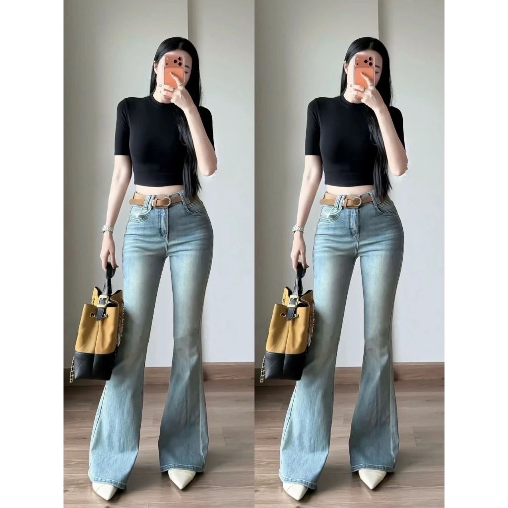Quần Jean Nữ Ống Loe Cạp Cao Phối Ria Mèo Co Giãn, Quần Bò Ống Loe Loang Dáng Dài 3 Màu Xanh Mài Retro