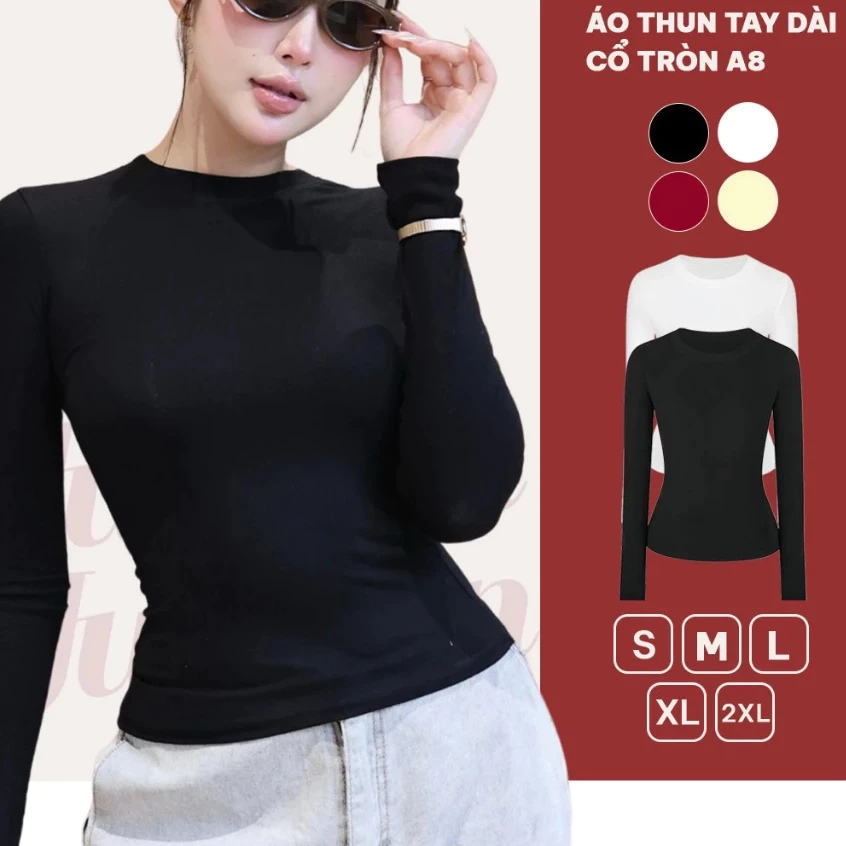 [Peinn] Áo Thắt Eo Dài Tay Ôm Cotton Trơn Nữa S/M/L - Women, Top Cổ Tròn 12 THÁNG SÁU MA2888