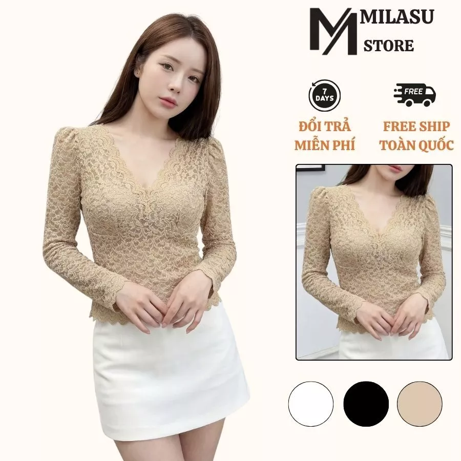 Áo Thun Ren Tay Phồng  Dài Tay Dáng Ôm Body Milasu Áo Ren Cổ V Phối Chân Ren Co Giãn 504