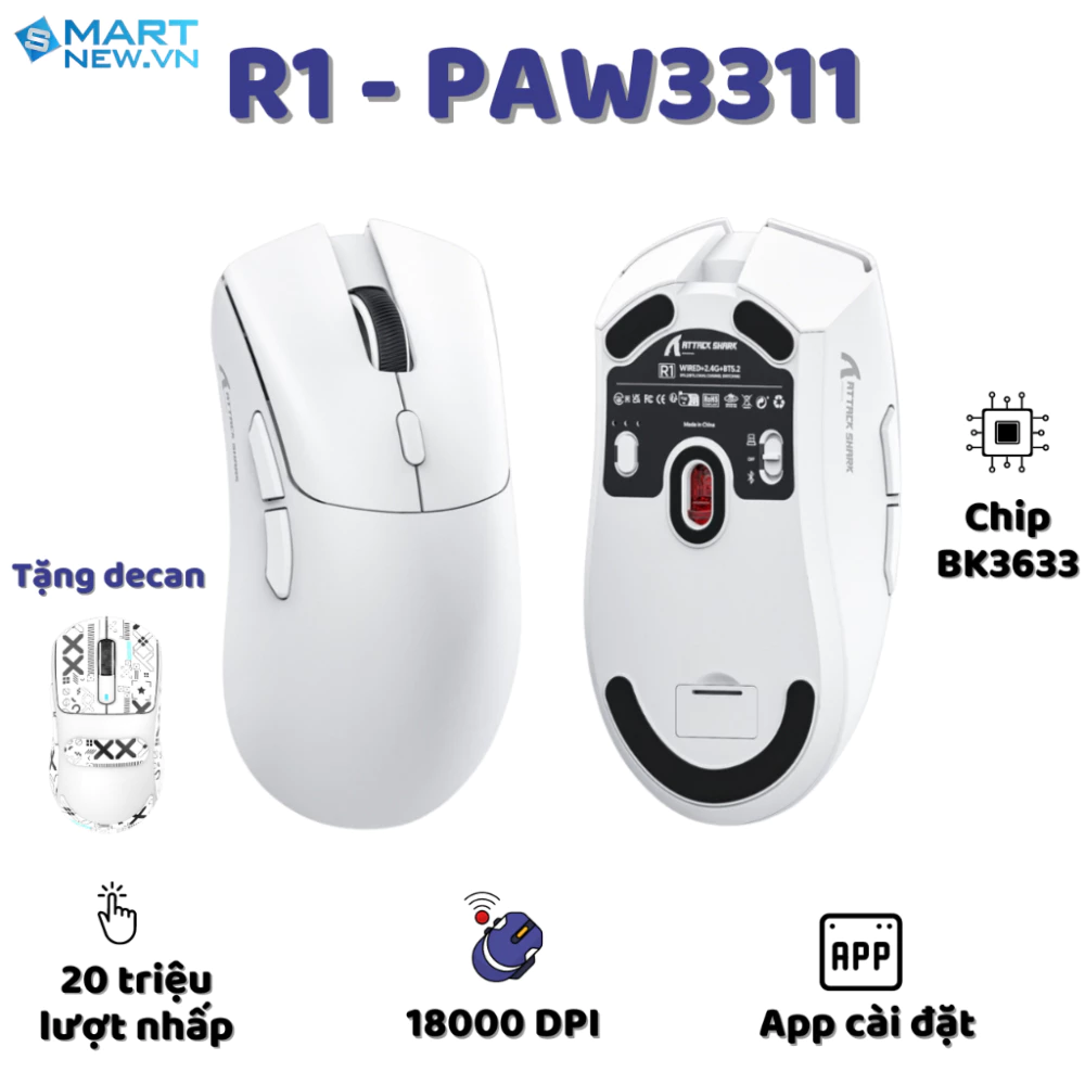Chuột Gaming Không Dây Ziyou Attack Shark R1 Siêu Nhẹ Chip Paw3311 Có App và 3 Chế Độ Kết Nối Bluetooth/ Wireless/ TypeC