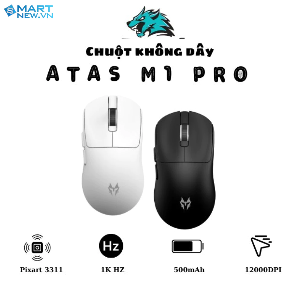 Chuột gaming không dây ATAS M1 PRO - 3 mode kết nối - Pixart 3311 - Pin 500mAh - Có app tùy chỉnh - DPI 12000