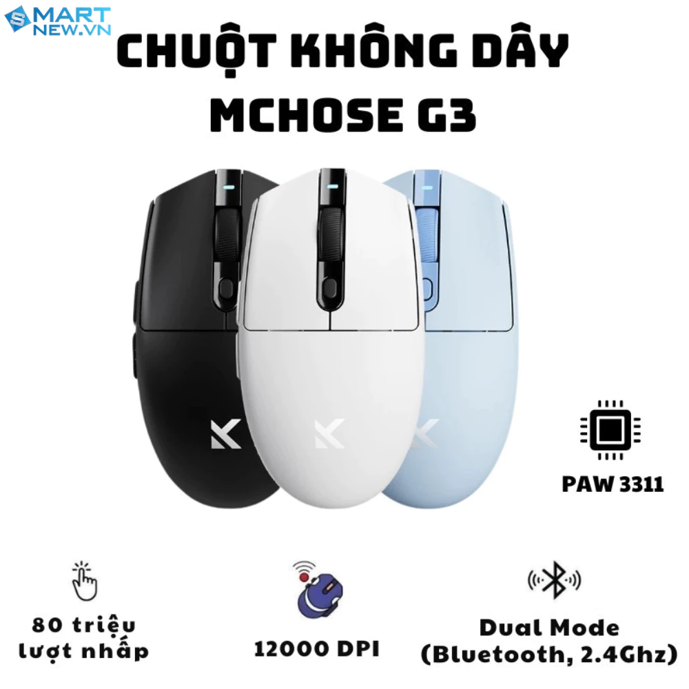 Chuột không dây Mchose G3 - Hỗ trợ gaming, văn phòng - 3 mode kết nối - DPi 12000 - Chip 3311