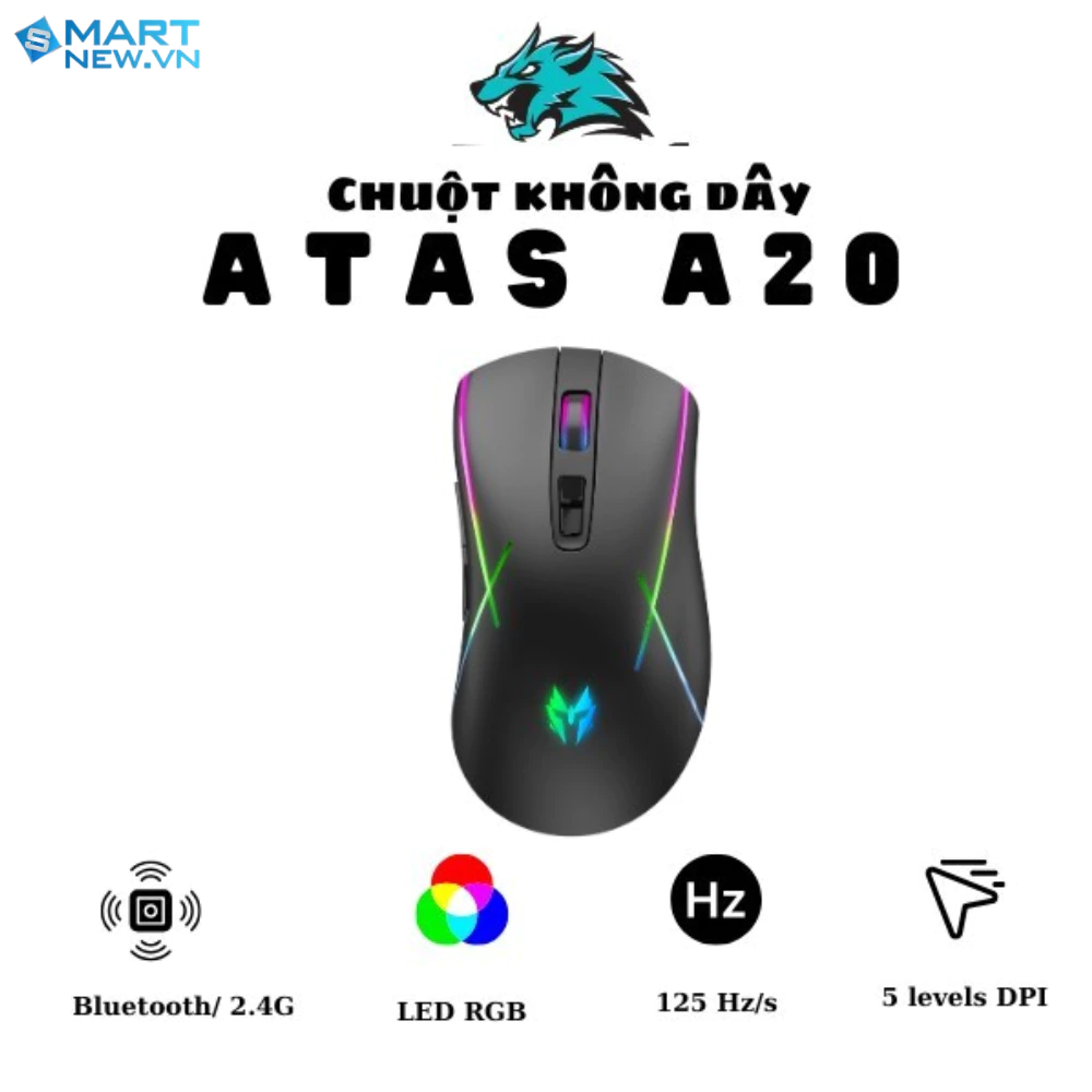 Chuột Gaming không dây ATAS A20 - LED RGB - Kết nối Wireless - Huano Switch - Độ bền 3 triệu lần nhấn
