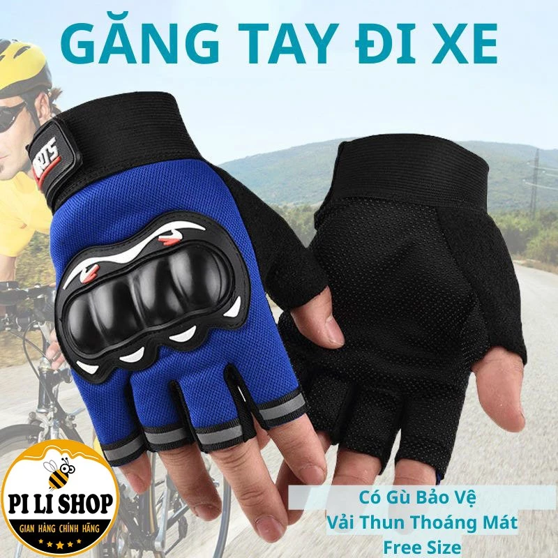 Găng Tay Xe Máy Hở Ngón Có Gù Bảo Hộ, Găng Tay Đi Phượt Chống Trượt Co Giãn Thoáng Khí