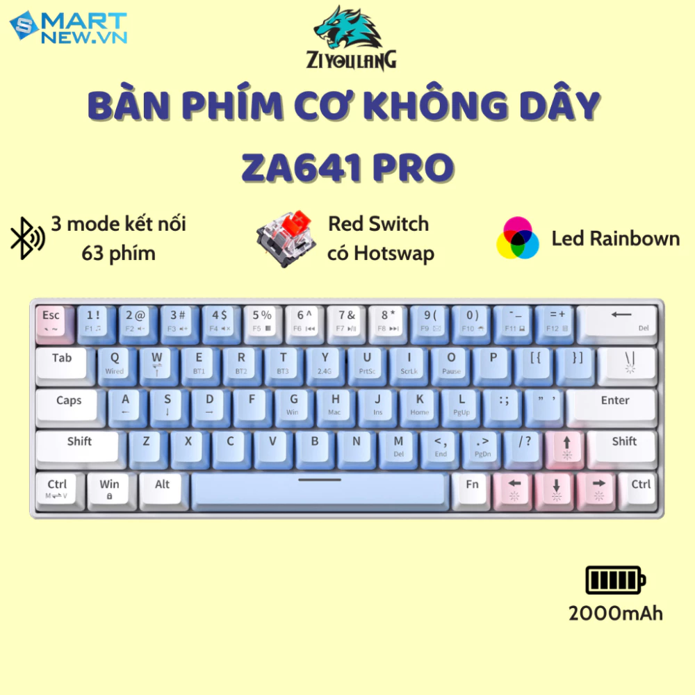 Bàn Phím Cơ Không Dây Bluetooth Atas ZA641 V2 - Hotswap - Red Swtich - Pin sạc 2000mAh