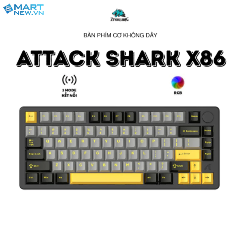 Bàn phím cơ nhôm CNC Attack Shark X86 - 3 mode kết nối- Led RGB- Hotsawp 5pin - Có núm