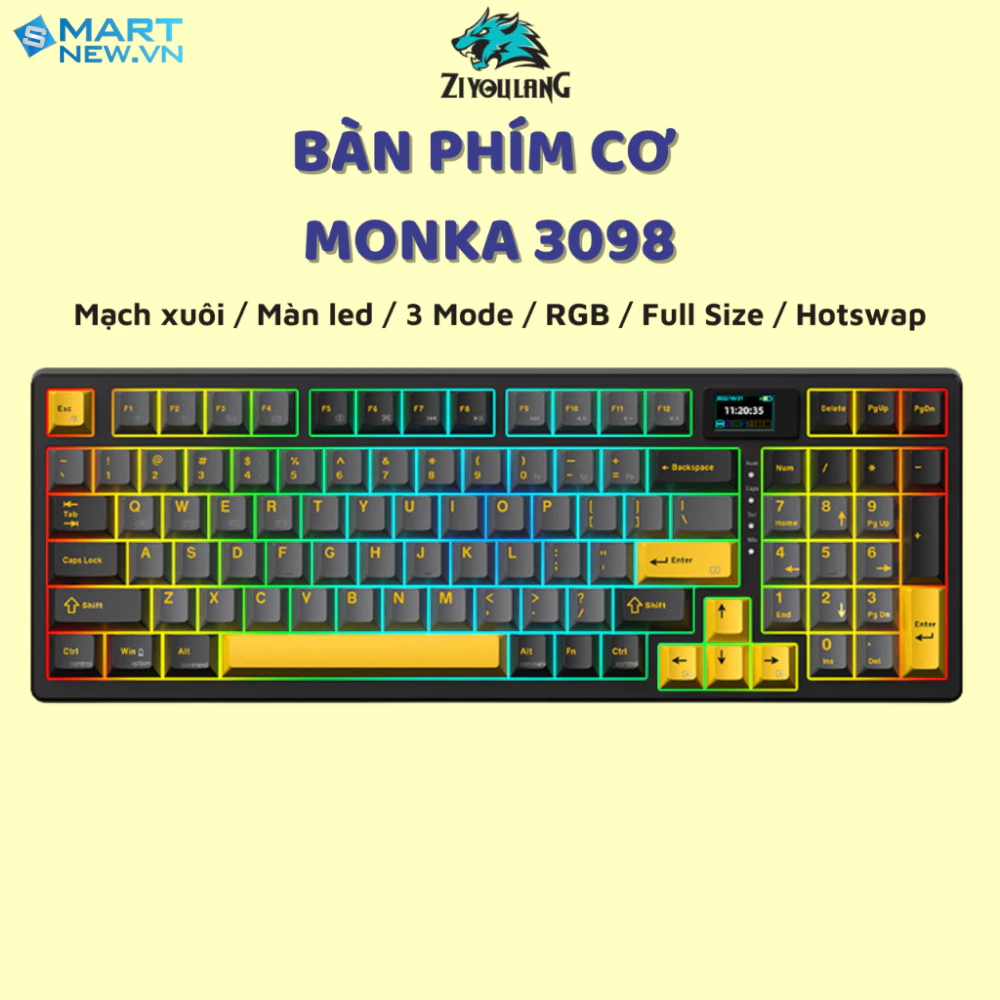 Bàn Phím Cơ Không Dây MONKA 3098 LED RGB -Hotswap 5pin - 3 Mode - Có Màn Hình - Full Size